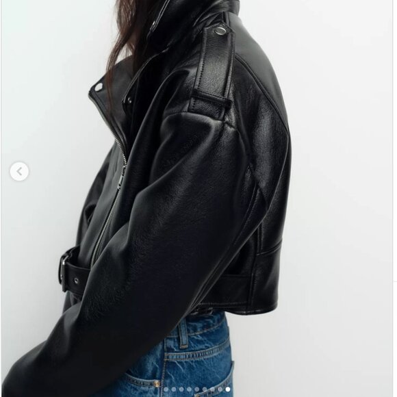 Zara Faux Vegan Leather Biker Jacket Black Size Large - Picture 2 of 8